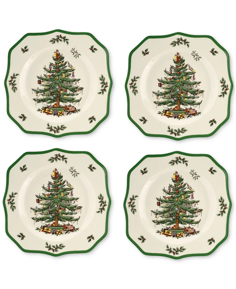 Spode Christmas Tree Scalloped Dinner Plates, Set of 4