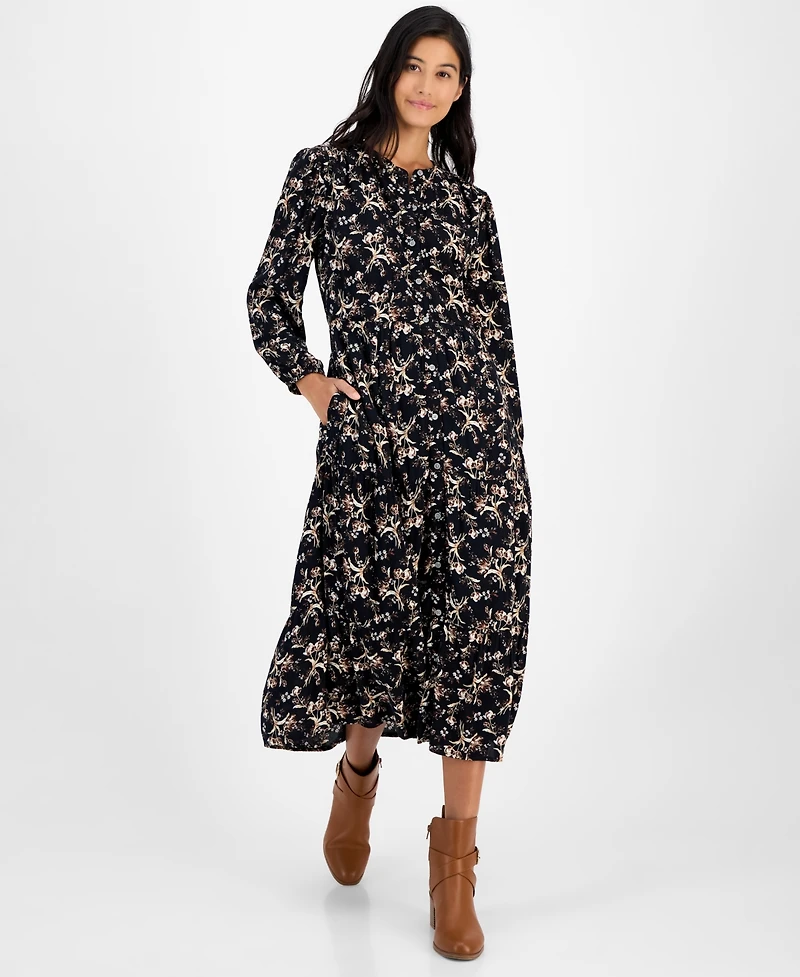 Style & Co Women's Printed Long Sleeve Tiered Dress, Macy's Exclusive
