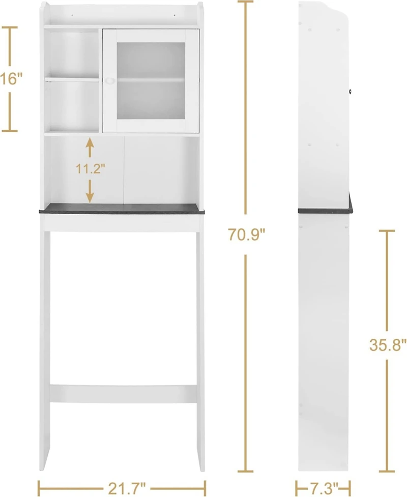 Vanirror White Over The Bathroom Storage Cabinet, Freestanding Wood Space-Saving Organizer with Glass Door & Adjustable Shelves