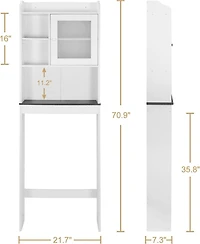 Vanirror White Over The Bathroom Storage Cabinet, Freestanding Wood Space-Saving Organizer with Glass Door & Adjustable Shelves
