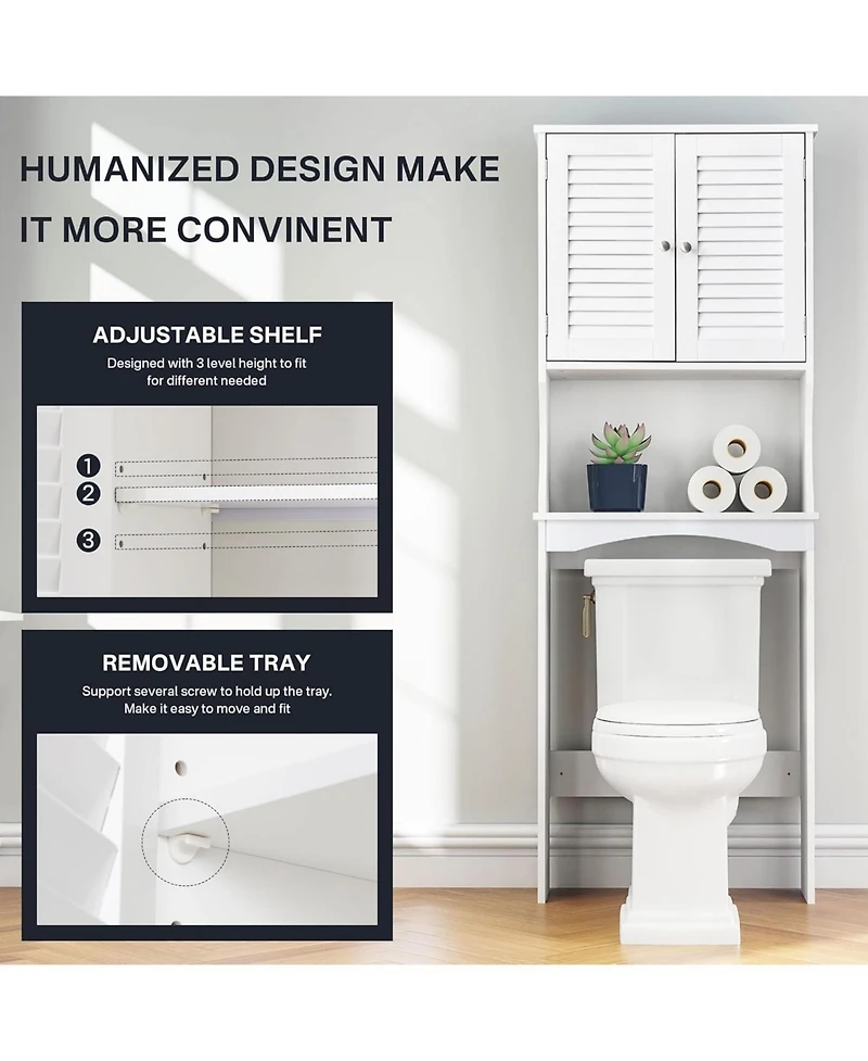 Vanirror 23x67" White Over The Storage Cabinet - 3-Tier Bathroom Organizer with Adjustable Shelves & Louvered Doors