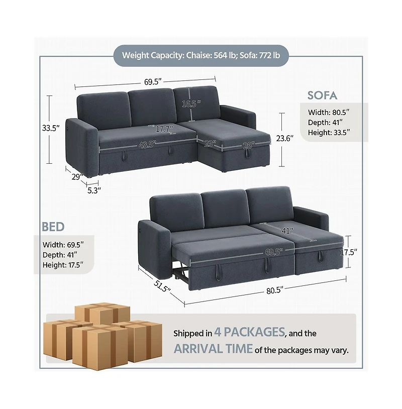 L-Shaped Reversible Sleeper Sectional Sofa with Chaise & Usb & Type-c Ports