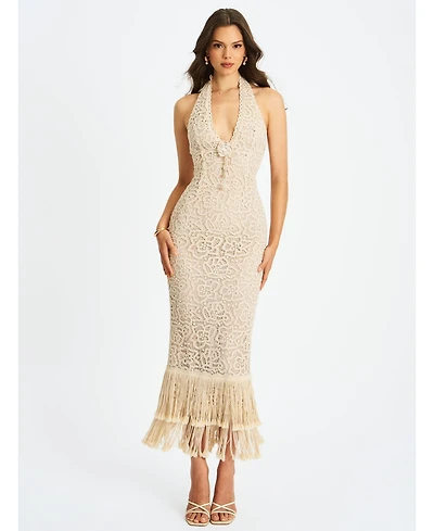 Miss Circle Women Faelyn Off-White Double Fringe Crochet Halter Maxi Dress