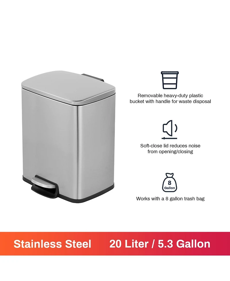 Mega Casa 5.3 Gal./20 Liter Rectangular Stainless Steel step-on Trash Can for kitchen