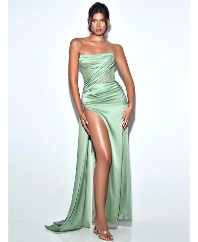 Miss Circle Women Holly Basil Crystallized Corset High Slit Satin Gown