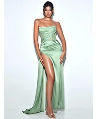 Miss Circle Women Holly Basil Crystallized Corset High Slit Satin Gown