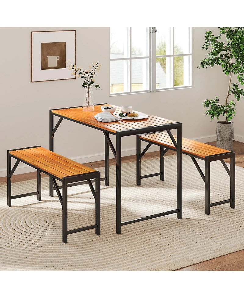 Gymax 3 Pcs Dining Set for 4 People Outdoor Picnic Table & 2 Benches w/ Metal Frame