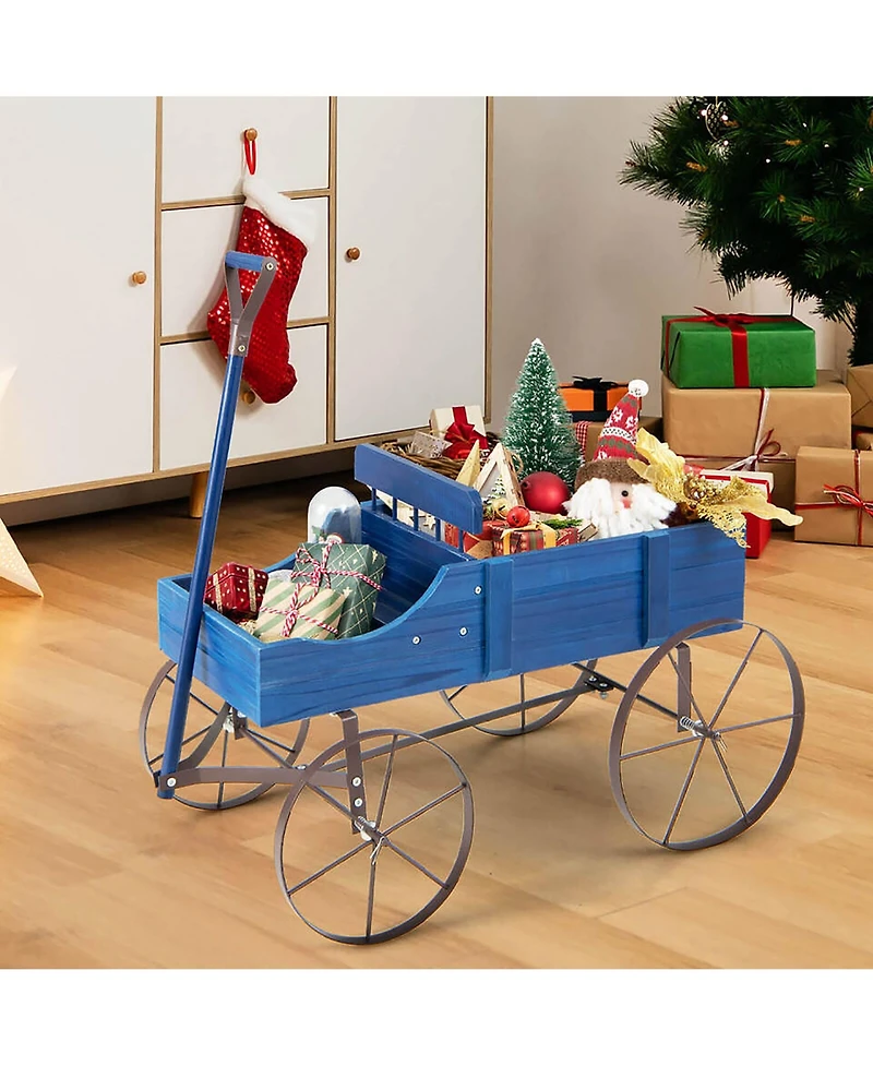 Gymax Patio Wooden Garden Flower Planter Wagon Plant Bed W/ Wheel Garden Yard