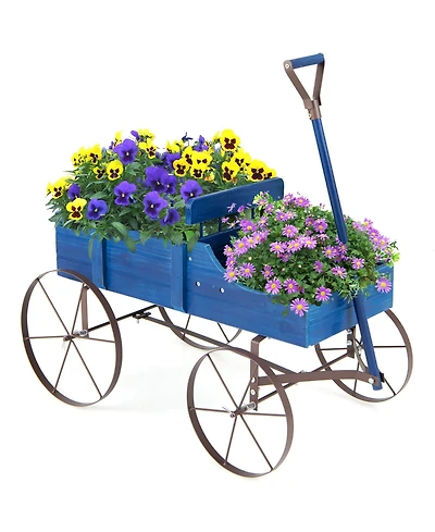 Gymax Patio Wooden Garden Flower Planter Wagon Plant Bed W/ Wheel Garden Yard