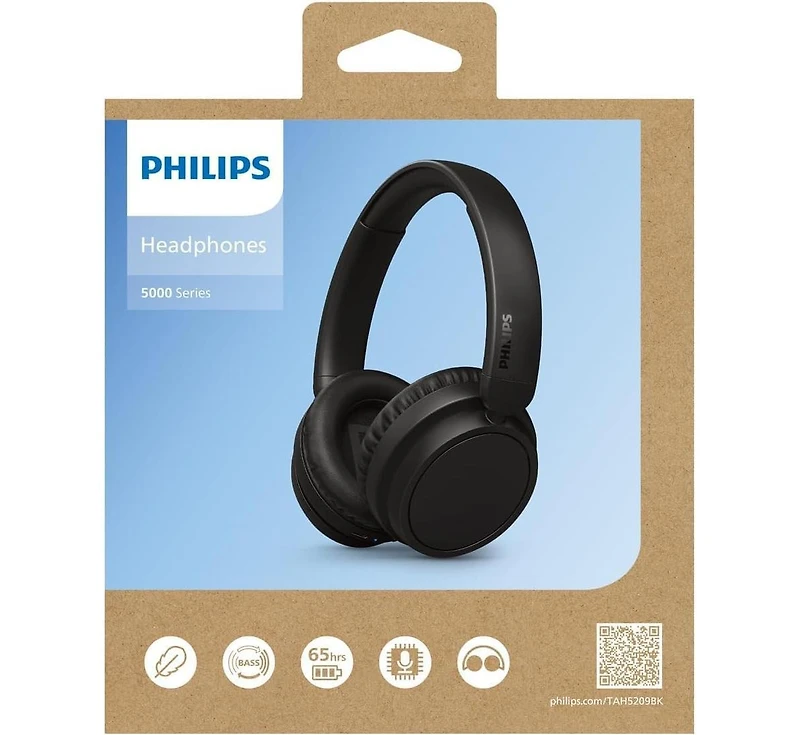 Philips H5209 Wireless Headphones,Over-Ear Bluetooth Headphones with Dynamic Bass, 65H Battery Life, Fast charging, Bluetooth 5.3, Black