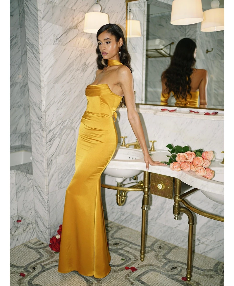 Miss Circle Women's Ivona Gold Halter Neck Double Duchess Satin Gown