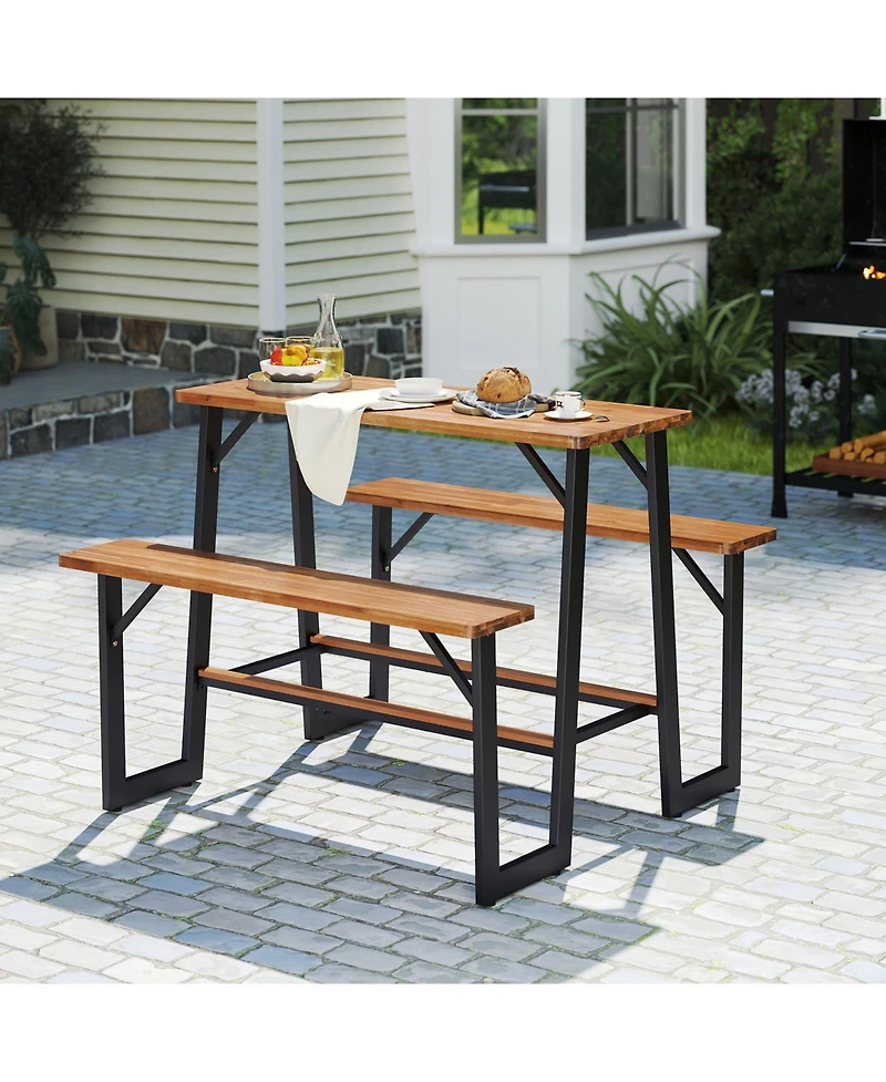 Gymax Outdoor Picnic Table for 4 Acacia Wood Rectangular Picnic Table w/ 2 Built-in Benches