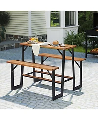 Gymax Outdoor Picnic Table for 4 Acacia Wood Rectangular Picnic Table w/ 2 Built-in Benches