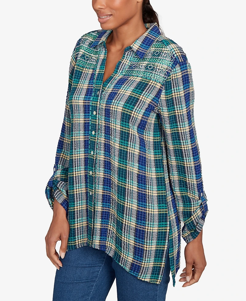 Ruby Rd. Petite Embroidered Plaid Button Down Top