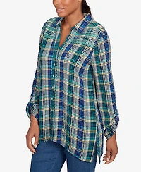 Ruby Rd. Petite Embroidered Plaid Button Down Top