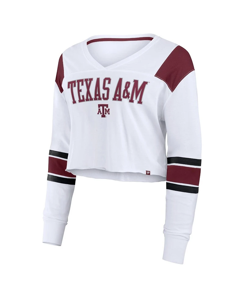 Fanatics Women's White Texas A&M Aggies Training Camp Cropped Long Sleeve V-Neck Fashion Top