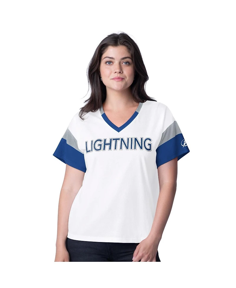 G-iii 4Her by Carl Banks Women's White Tampa Bay Lightning Rink Oversized Rhinestone V-Neck T-Shirt