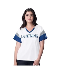 G-iii 4Her by Carl Banks Women's White Tampa Bay Lightning Rink Oversized Rhinestone V-Neck T-Shirt