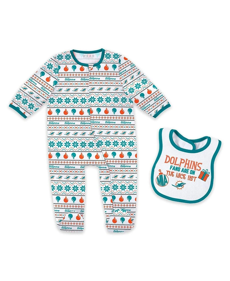 Wear by Erin Andrews 2-Piece Baby Boys and Girls Miami Dolphins Allover Print Full-Zip Sleeper Bib Set