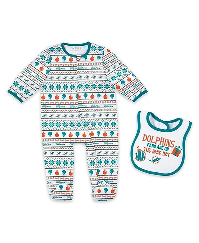 Wear by Erin Andrews 2-Piece Baby Boys and Girls Miami Dolphins Allover Print Full-Zip Sleeper Bib Set
