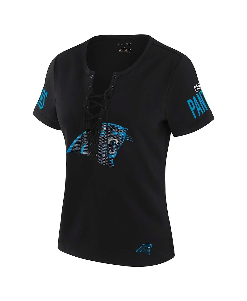 Wear by Erin Andrews Women's x Gracie Hunt Black Carolina Panthers Draft Me Lace-Up T-Shirt