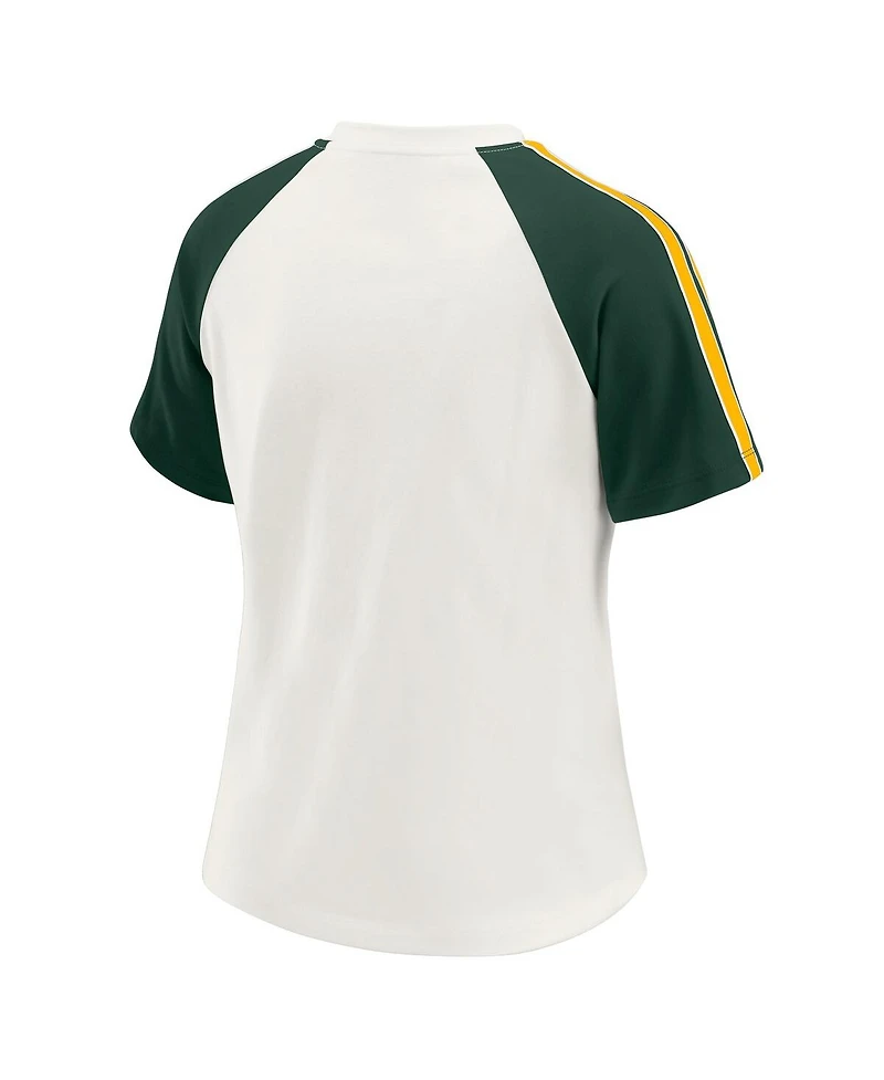 Wear by Erin Andrews Women's White Green Bay Packers Sleeve Stripe Distressed Raglan T-Shirt