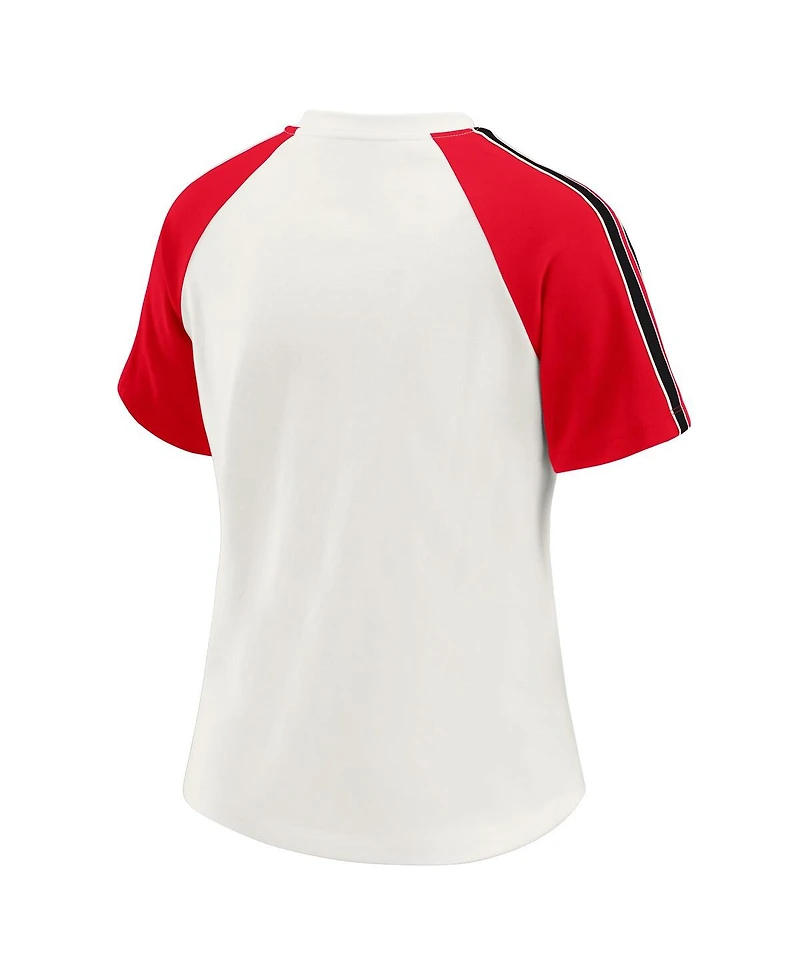 Wear by Erin Andrews Women's White Kansas City Chiefs Sleeve Stripe Distressed Raglan T-Shirt