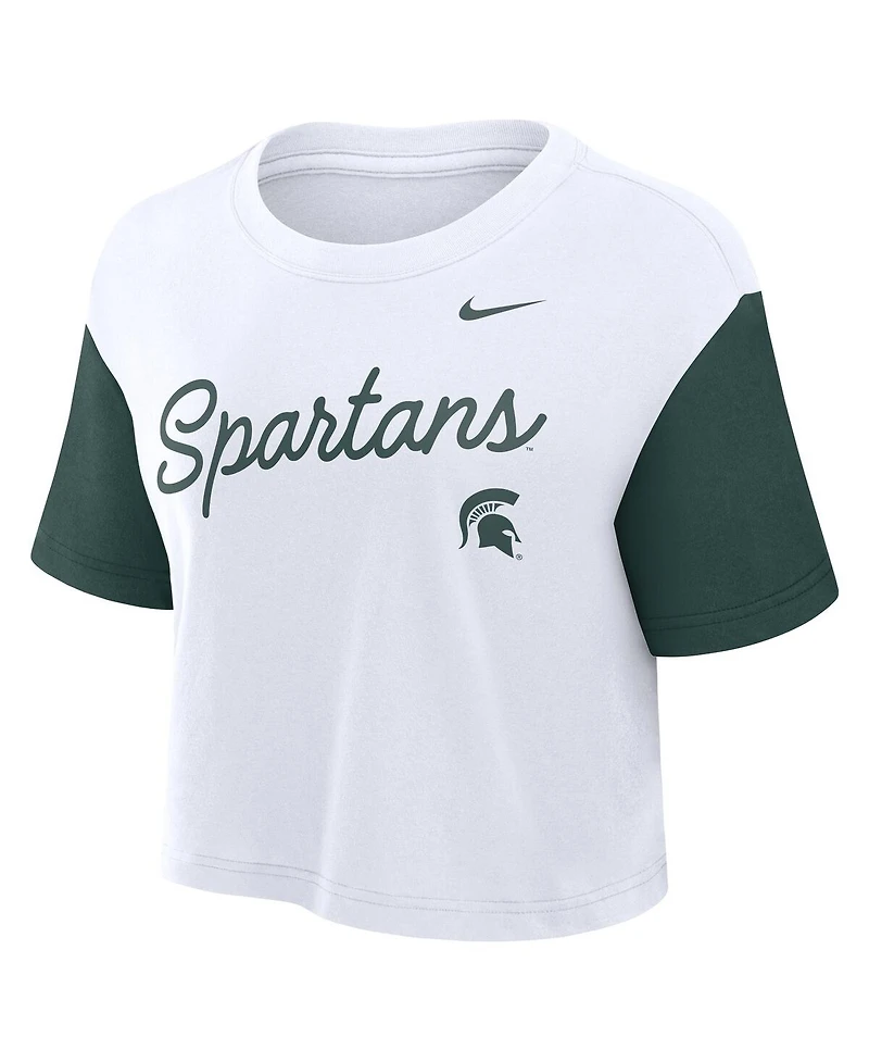 Nike Women's White/Green Michigan State Spartans Color-Block Script Performance Cropped T-Shirt