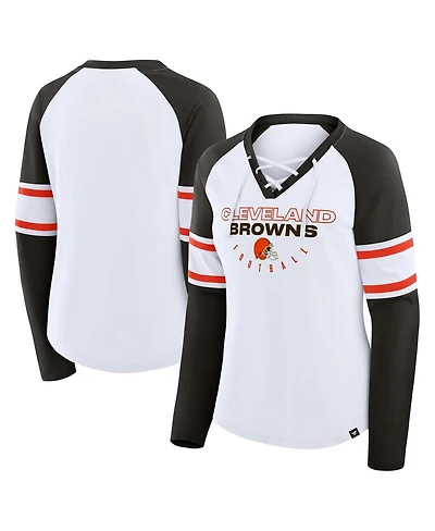 Fanatics Women's White/Brown Cleveland Browns Redzone Blitz Package Raglan Lace-Up V-Neck Long Sleeve T-Shirt