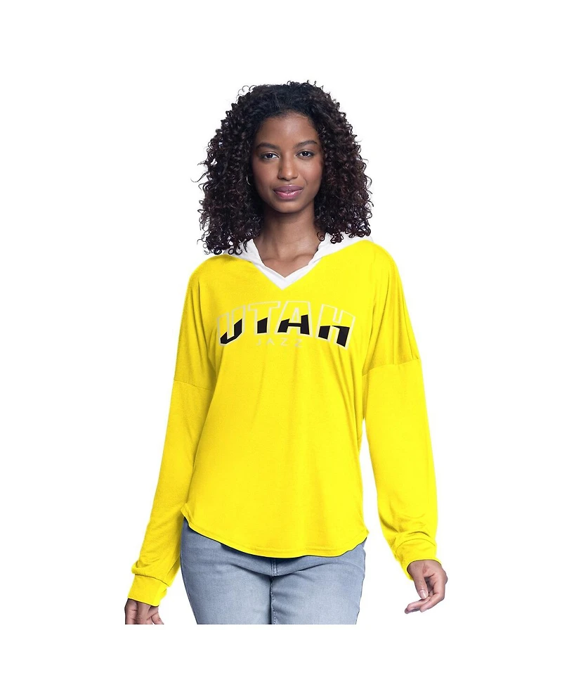 G-iii 4Her by Carl Banks Women's Gold Utah Jazz Bench Player Oversized Long Sleeve Hooded Top