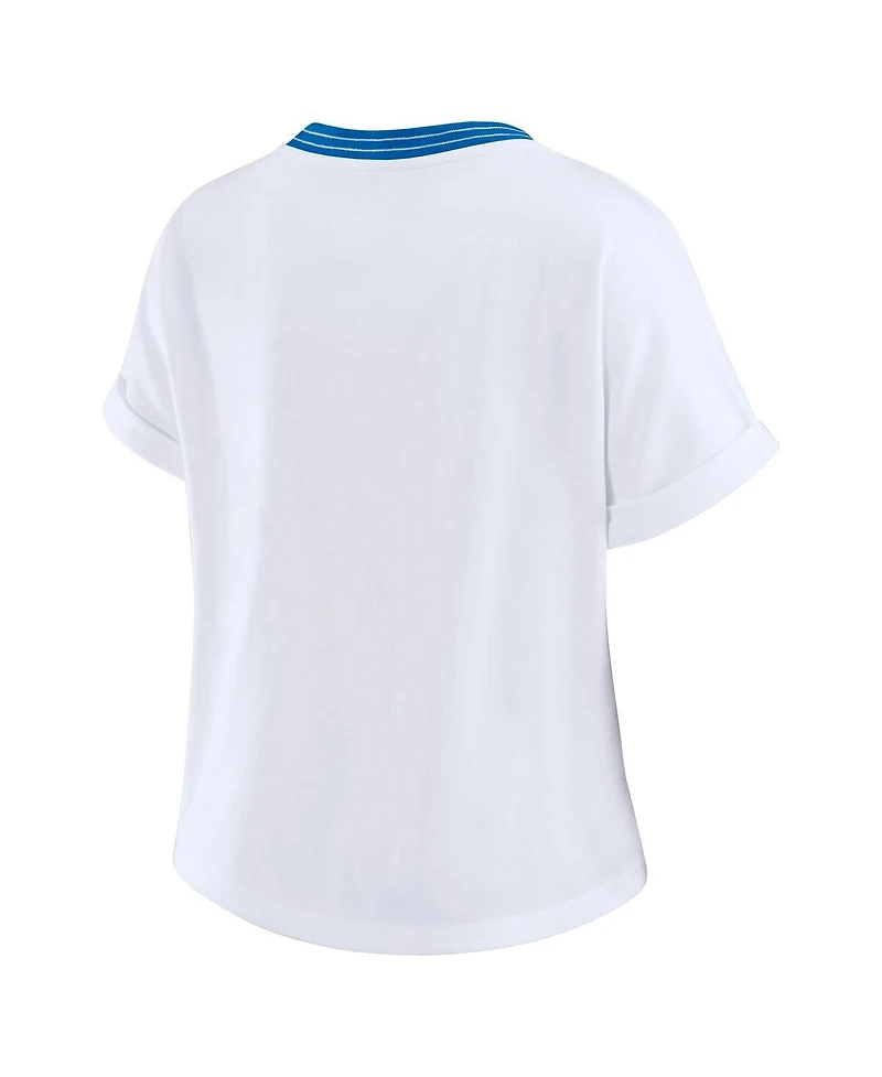 Wear by Erin Andrews Women's White Detroit Lions Cropped Center Stripe Dolman T-Shirt