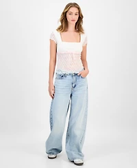 Planet Gold Juniors' Square-Neck Cap-Sleeve Lace Top