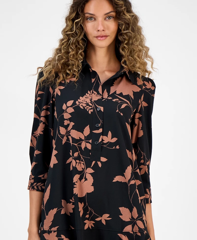 Robbie Bee Women's Printed Collared Ruffle-Hem Shift Dress