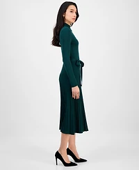 Sandra Darren Women's Tie-Front Pleated Mock-Neck Sweater Dress