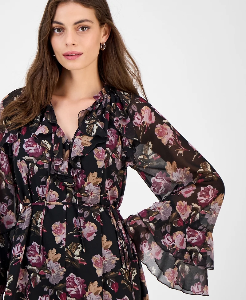 Sam Edelman Women's Flare-Sleeve Ruffled Dark Rose Mini Dress