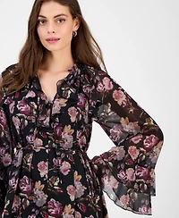 Sam Edelman Women's Flare-Sleeve Ruffled Dark Rose Mini Dress