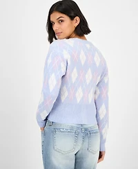 Hooked Up by Iot Juniors' Argyle Crewneck High-Rib Cardigan