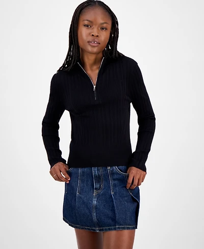 Hooked Up by Iot Juniors' Variegated Rib-Knit Half-Zip Sweater