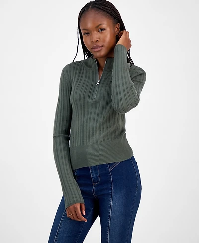 Hooked Up by Iot Juniors' Variegated Rib-Knit Half-Zip Sweater