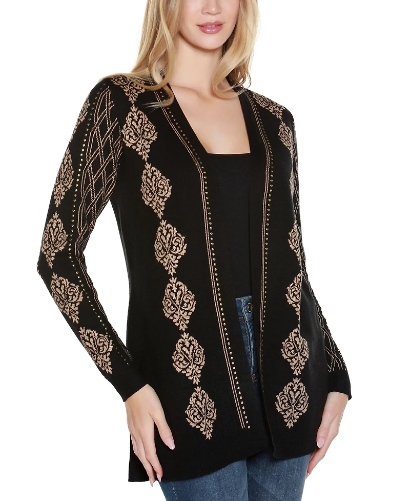 Belldini Women's Lurex Jacquard Open-Front Cardigan Sweater