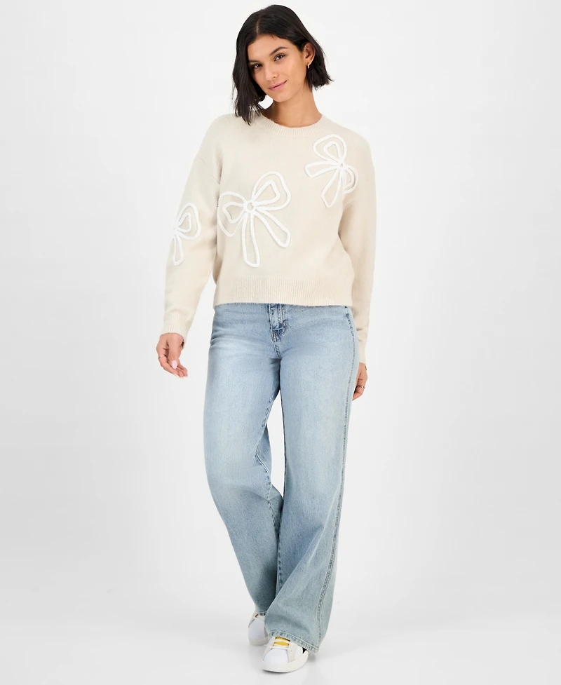 Hooked Up by Iot Juniors' Soutache Bow Crewneck Sweater