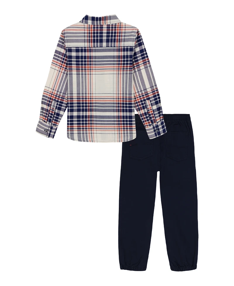 Tommy Hilfiger Toddler Boys 2-Piece Chambray Trim Plaid Shirt and Prewashed Jogger Pants Set