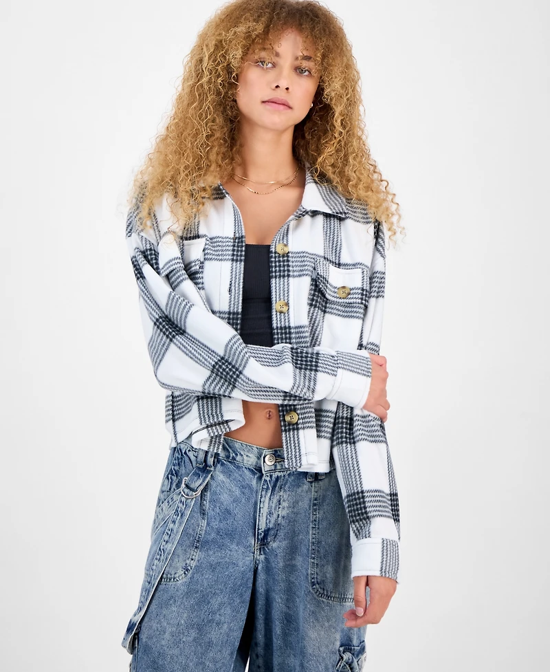 Just Polly Juniors' Plaid Chest-Pocket Shacket