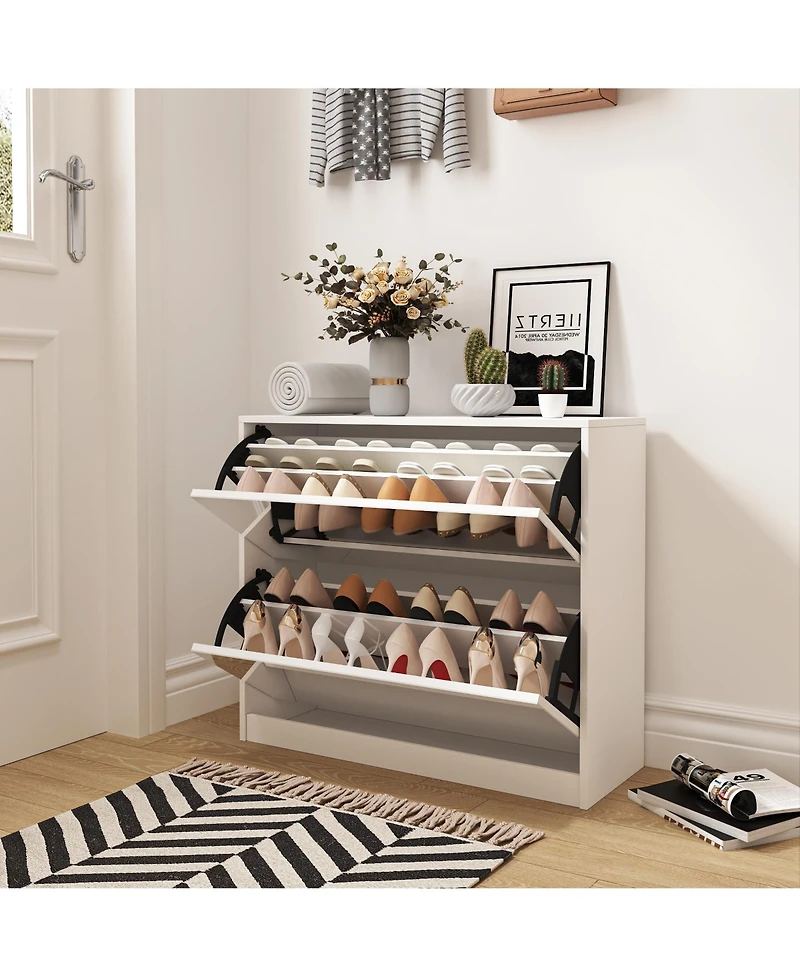 Lovmor 32.68"2 Tier Shoe Storage Cabinet with Draders for Entryway,Bedroom,Flip Door Design Shoe Cabinet,White