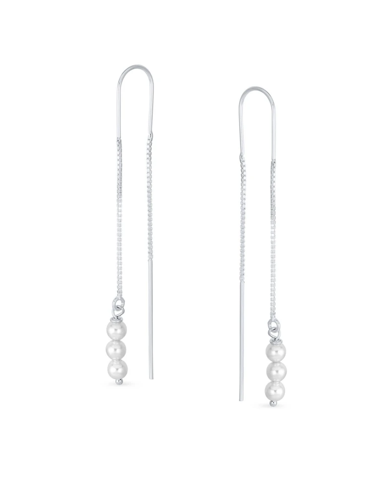 Bling Jewelry Set of 2 Minimalist Long Chain Wire Hook Dangle Earrings 3 Pearls 4 Bead Balls Sterling Silver