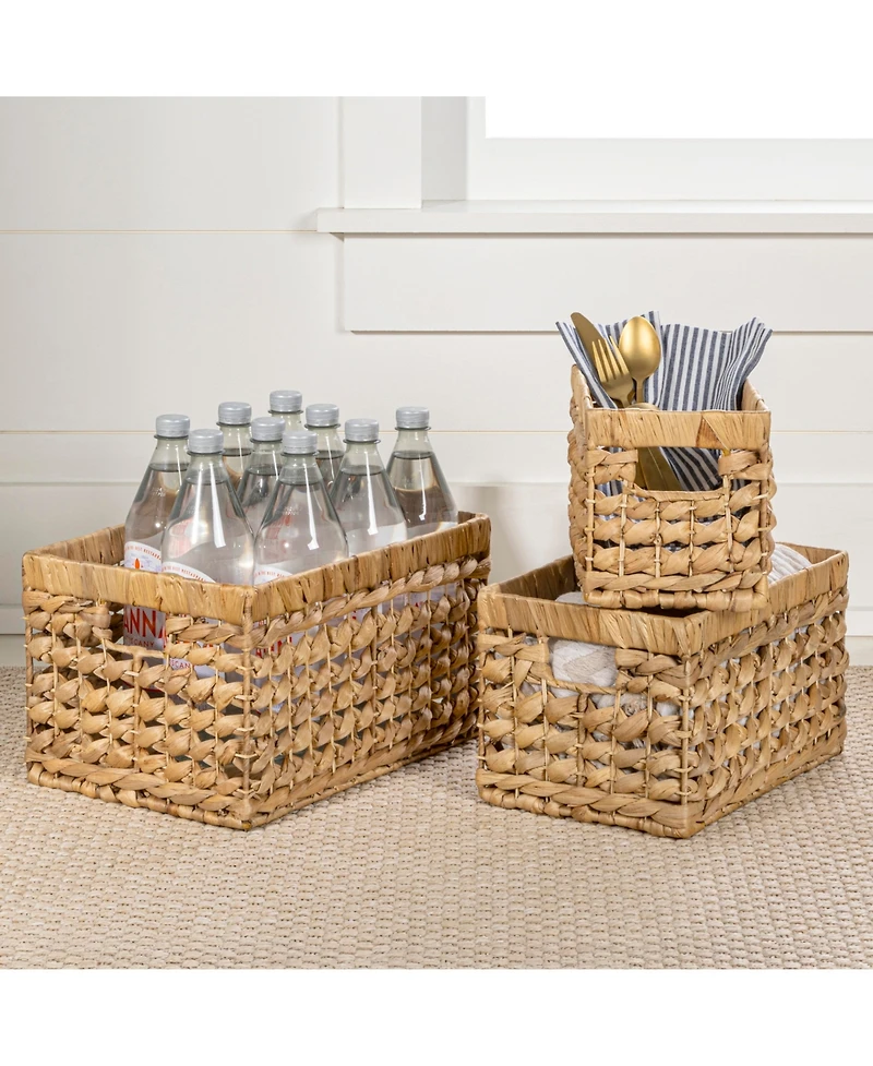 Hayden Bohemian Cottage Hand-Woven Hyacinth Rectangular Nesting Baskets with Handles (Set of 3)