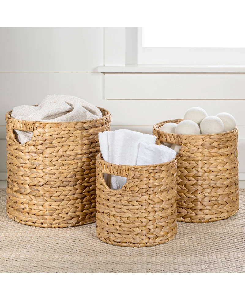 Avery Bohemian Cottage Hand-Woven Hyacinth Cylinder Nesting Baskets with Handles (Set of 3)
