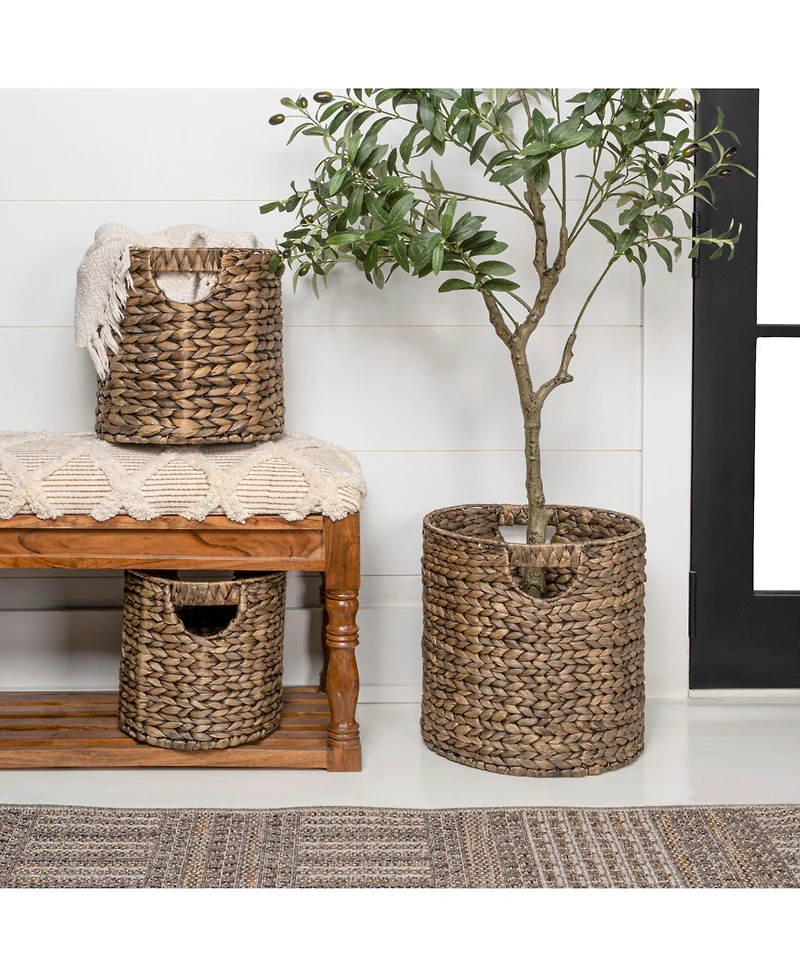 Avery Bohemian Cottage Hand-Woven Hyacinth Cylinder Nesting Baskets with Handles (Set of 3)