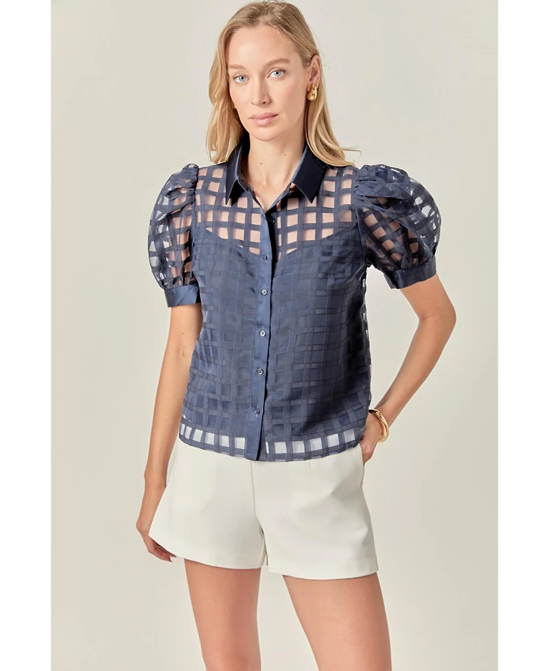 English Factory Women's Short Sleeve Organza Grid Blouse