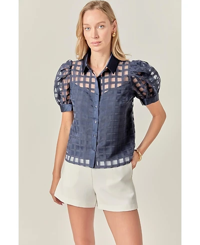 English Factory Women's Short Sleeve Organza Grid Blouse
